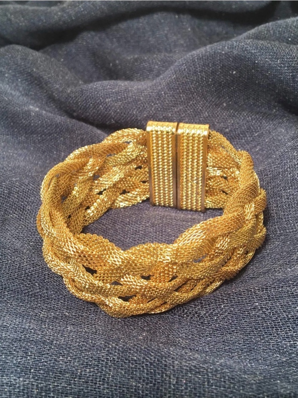 Braided Mesh Gold-Tone Wide Bracelet w/ Textured Magnetic Clasp – 6.5”